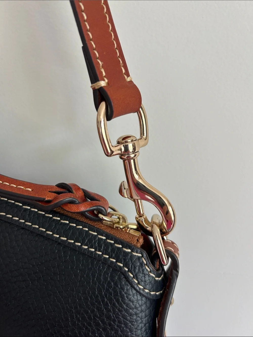 Dooney & Bourke Black Pebble Grain Leather Front Pocket Satchel with Brown Trim